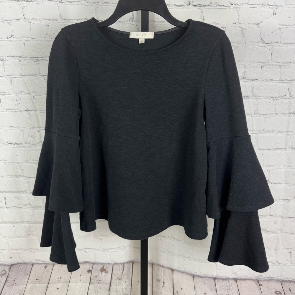 Anthropologie Eri + Ali Tiered Ruffle Top Bell Sleeves Black Size XS